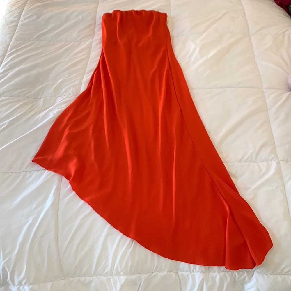 Orange/Red asymmetrical strapless maxi dress